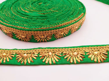 Embroidered Green Silk Trim With Gold Embroidery, Lace Trim By 2 Yard, Decorative Trimming